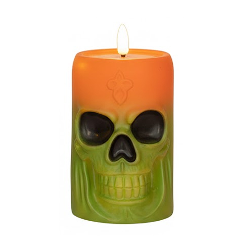 Retro Gothic Skull LED Flameless Candle - Vintage Halloween Decorative Night Light Green  , Set the Spooky Mood with Flickering LED Skull Lamps – Safe, Battery-Operated & Hauntingly Beautiful