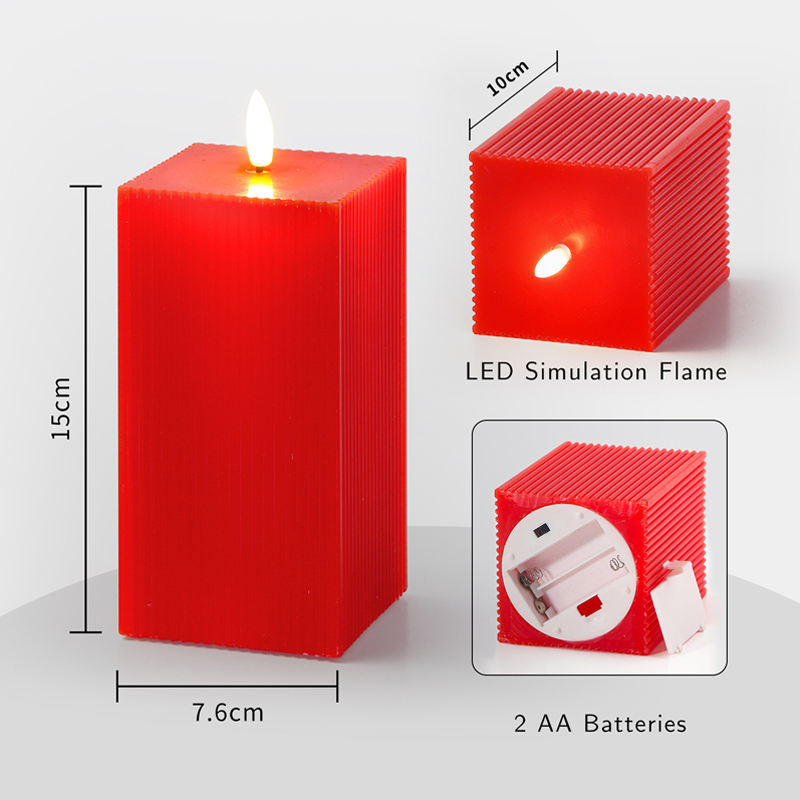 Square Red Ribbed Flameless Candles - Real Wax LED Pillar Set with Remote Color:Red;Size:7.5*9.8cm 1