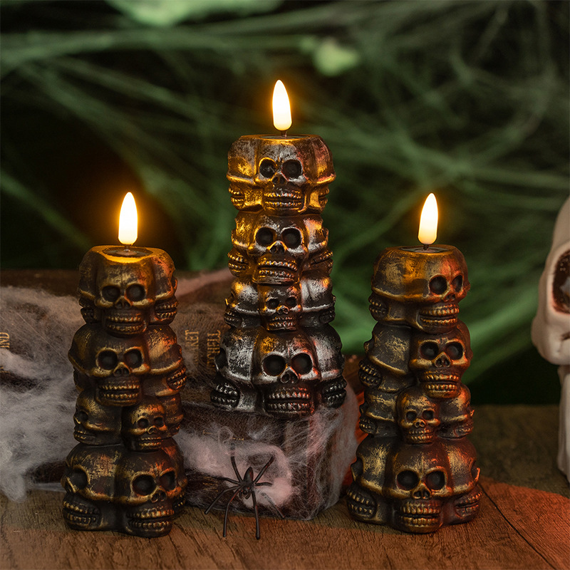 Halloween Skeleton Skull Pillar LED Candle - Remote Controlled Flameless Candle Color:Copper;Size:6.2*6.2*12.6cm 4