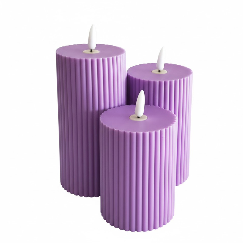 Purple fluted Led pillar candle Set of 3
