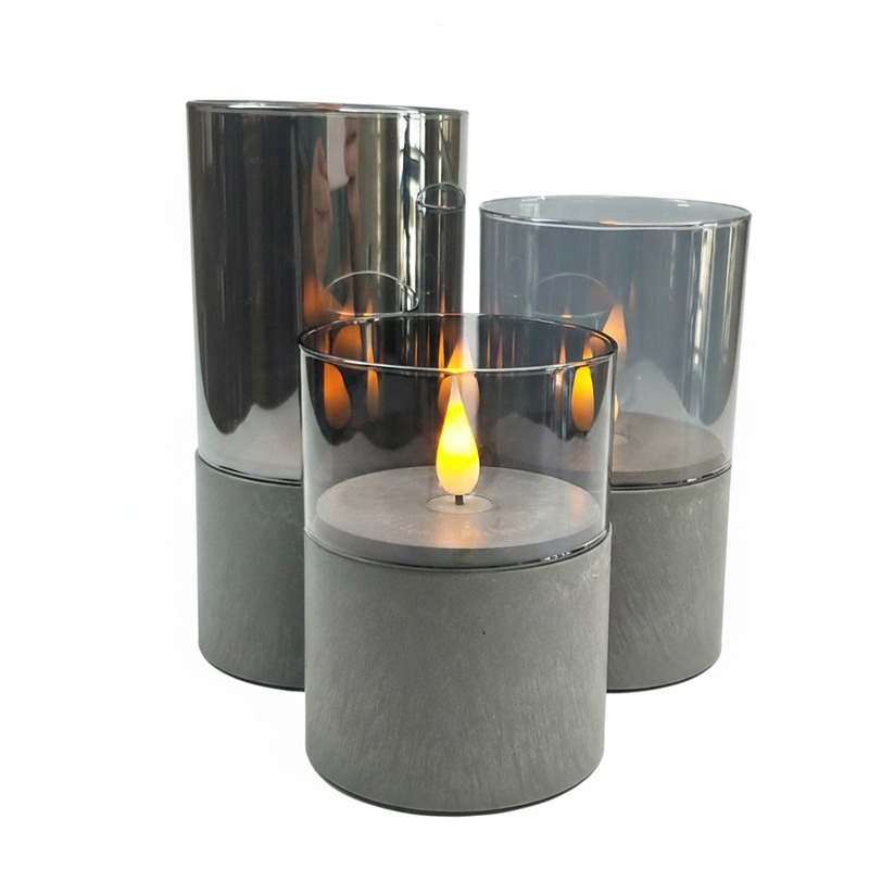 Flameless Pillar candle with Cement base, Detachable glass hurricane & remote control, dancing flame, grey battery operated candles,home decor