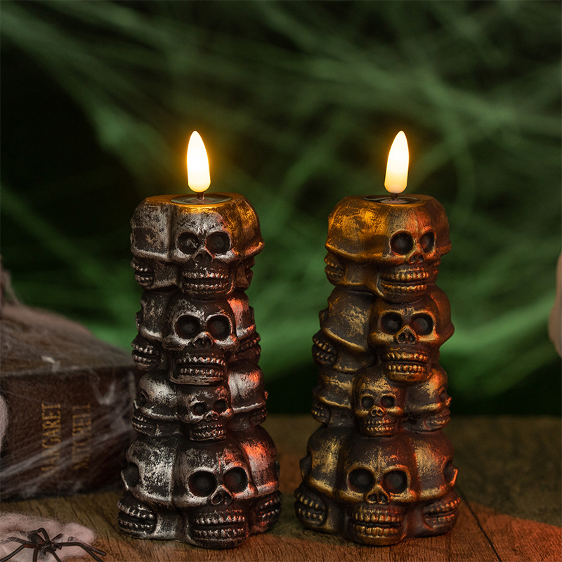Halloween Skeleton Skull Pillar LED Candle - Remote Controlled Flameless Candle Color:Copper;Size:6.2*6.2*12.6cm 2