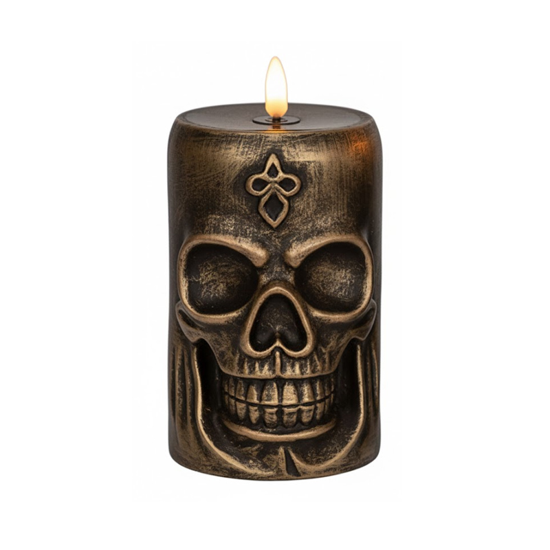 Retro Gothic Skull LED Flameless Candle - Vintage Halloween Decorative Night Light Copper  , Set the Spooky Mood with Flickering LED Skull Lamps – Safe, Battery-Operated & Hauntingly Beautiful