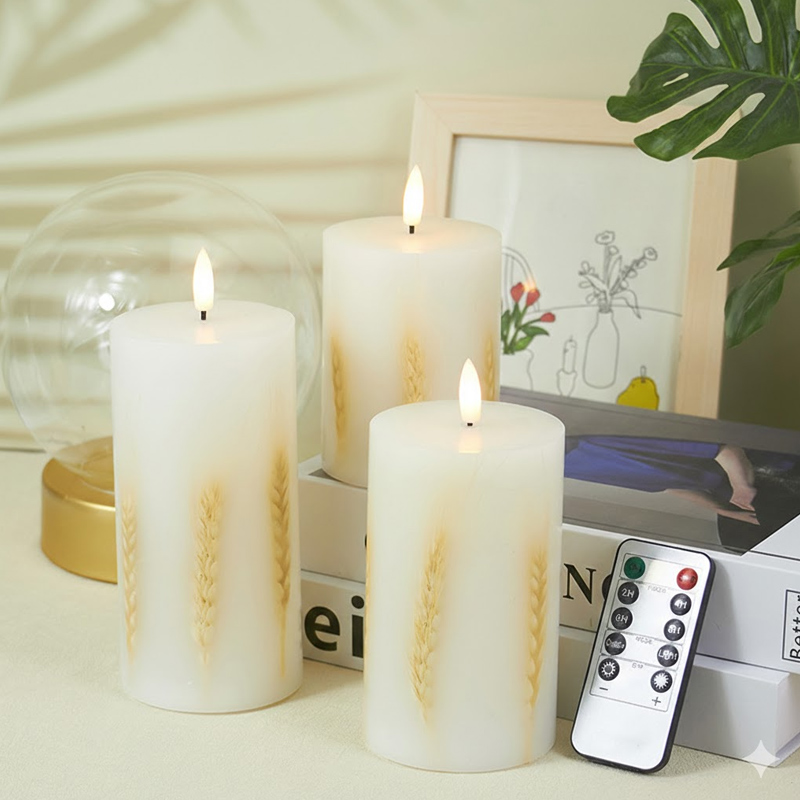 Real Wax LED Flameless Candles with Embedded Wheat Ears - Set of 3 Rustic Decorative Pillars Size:7.5*10cm 1