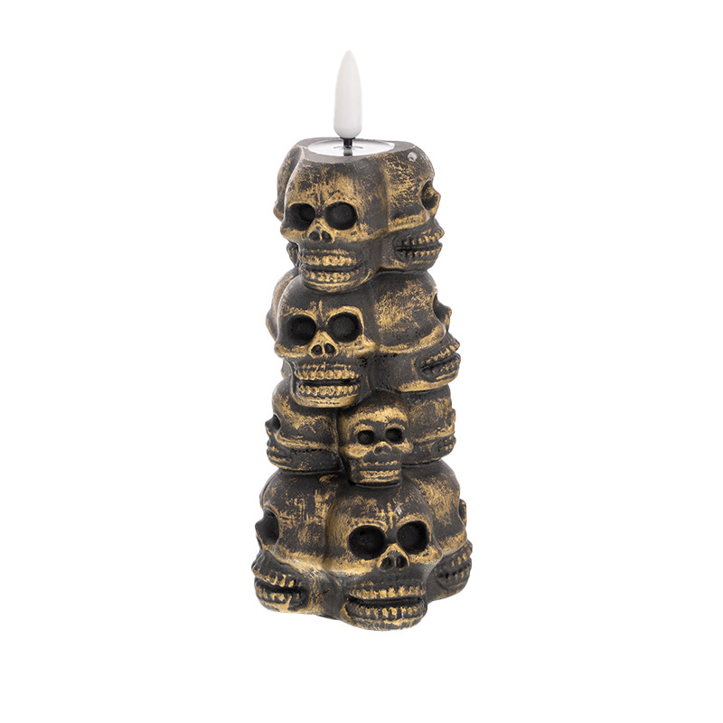 Halloween Skeleton Skull Pillar LED Candle - Remote Controlled Flameless Candle Copper  , Create a Spooky Ambiance with Antique Copper & Silver Gothic Skeleton Flameless Candles