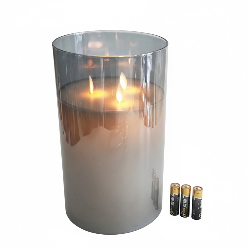 large Triple Wick Clear Glass led pillar candles diameter 15cm glass enclosed Grey  , Multi-flame LED candles