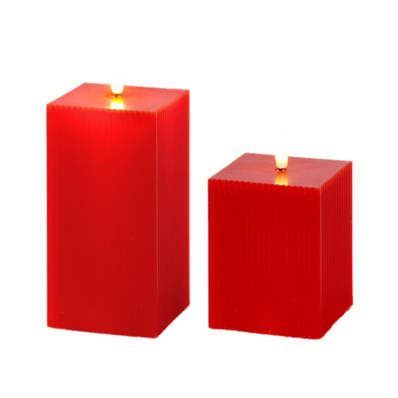 Square Red Ribbed Flameless Candles - Real Wax LED Pillar Set with Remote, Modern Geometric Square Design Meets Traditional Wax Texture – The Ultimate Safe Flickering Ambience