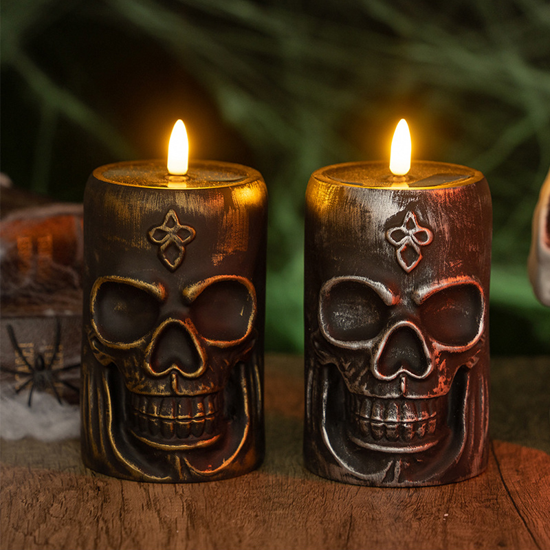 Retro Gothic Skull LED Flameless Candle - Vintage Halloween Decorative Night Light Color:Copper;Size:8.8*8.8*15.5cm 5