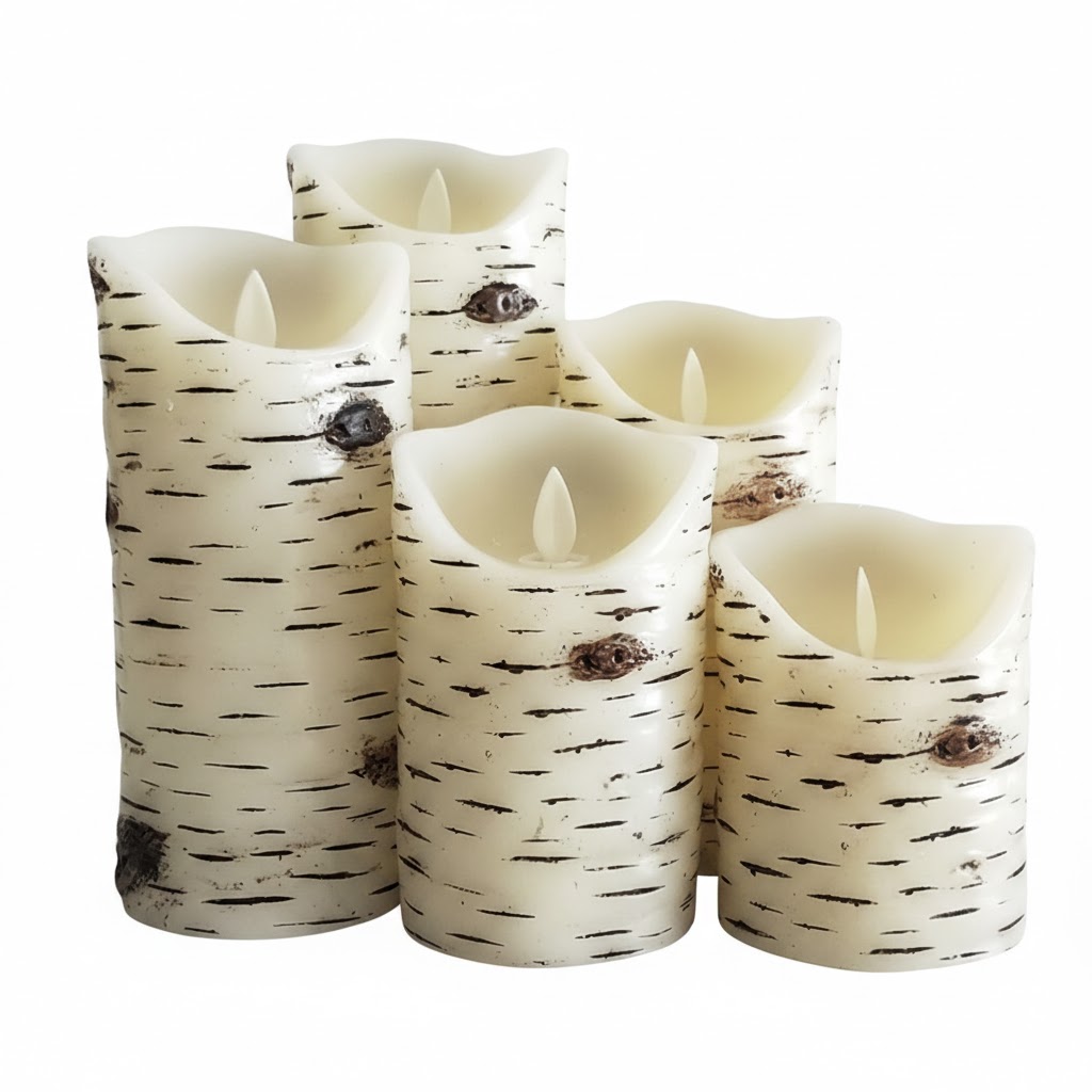 Birch Bark Textured Real Wax Flameless LED Candles with Remote, Lightly scorched birch bark textured, Real Wax , Remote Control & Timer, Moving Wick , Set of 5