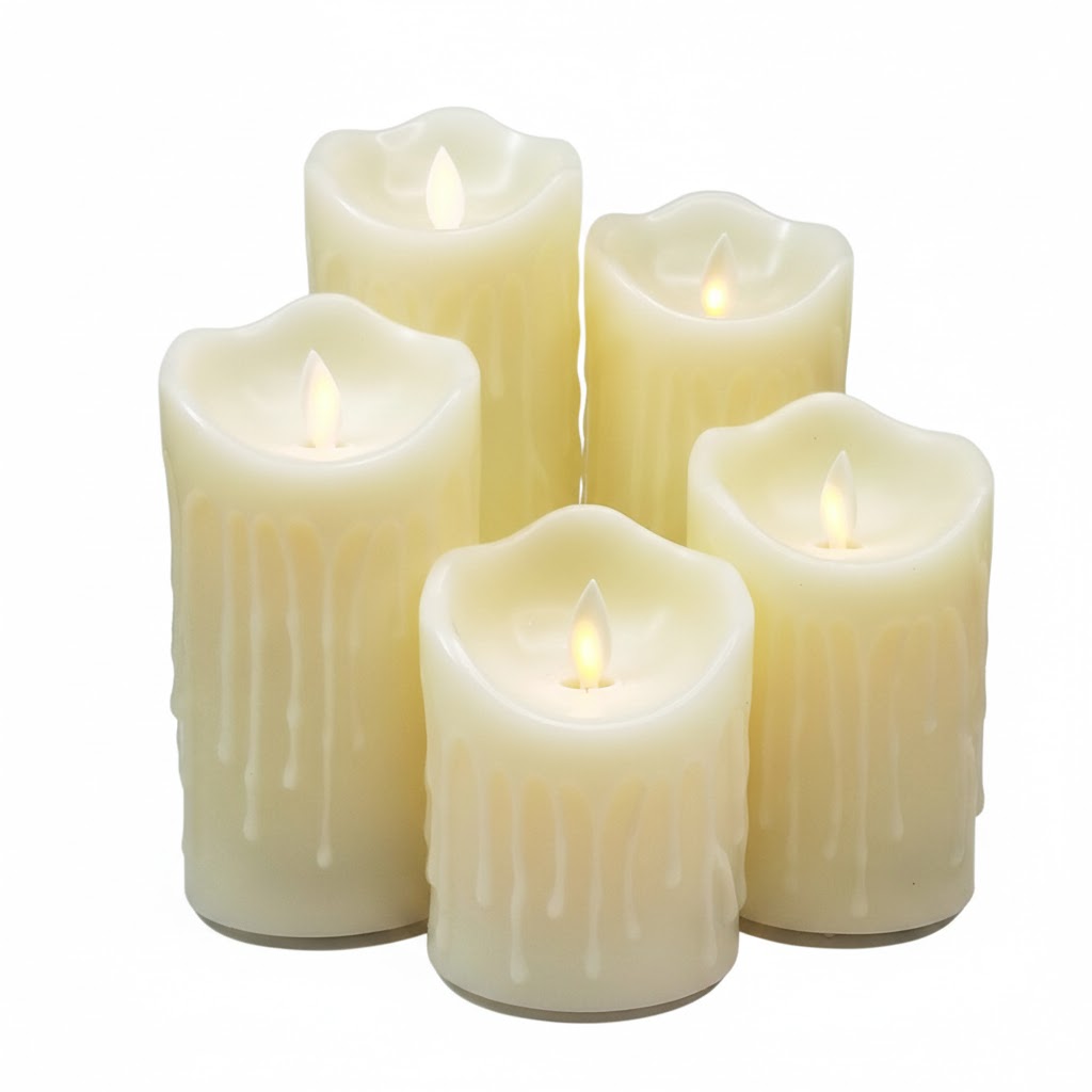 Rechargeable white dripping wax led pillar candle set of 5 remote control