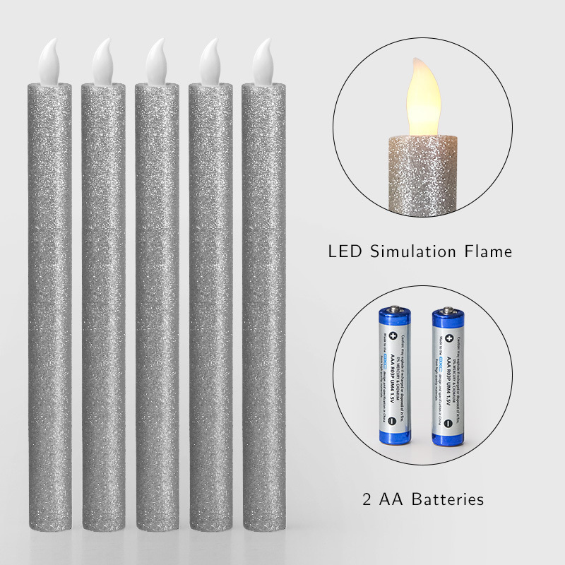 9.5" Glitter Flameless Taper Candles,Set of 6 Color:Sliver;Size:22*24cm 1