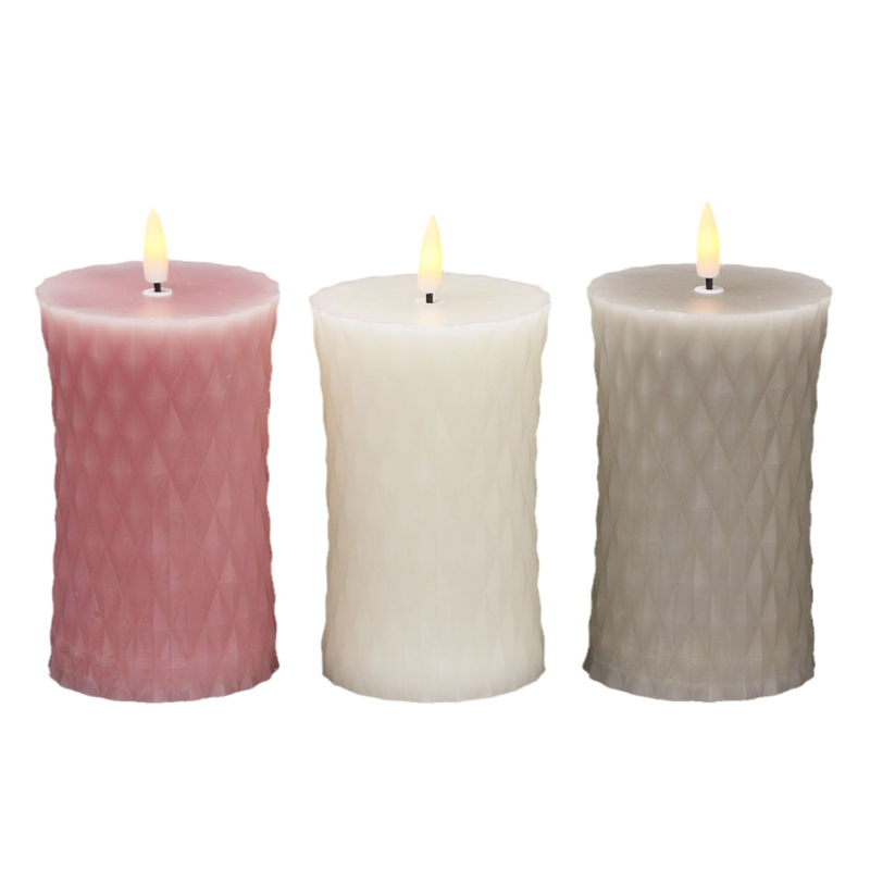 Curved Waist Diamond Textured Flameless Candle - Concave Aesthetic Real Wax LED Pillar (7.5 x 15cm), Elevate Your Ambience with Modern Geometric Elegance and a Moving Flame Effect