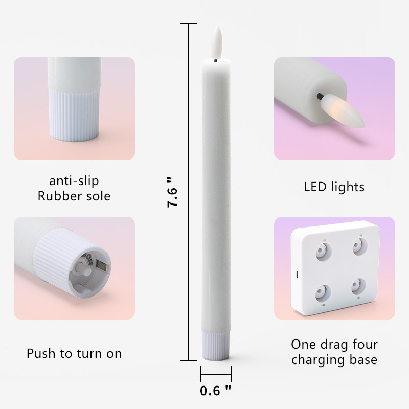 Rechargeable Moving Flame LED Taper Candles with Charging Base - Real Wax, Remote Controlled, Set of 4 Color:White;Size:19*1.5cm 1