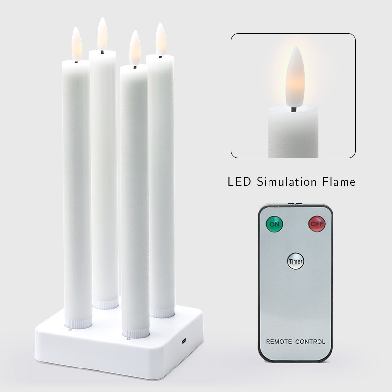 Rechargeable Moving Flame LED Taper Candles with Charging Base - Real Wax, Remote Controlled, Set of 4 Color:White;Size:19*1.5cm 2