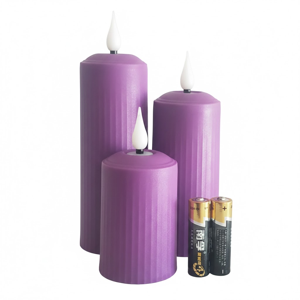 Ribbed Led pillar candle with remote control timer, Purple & pink