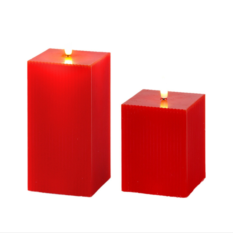 Square Red Ribbed Flameless Candles - Real Wax LED Pillar Set with Remote Red