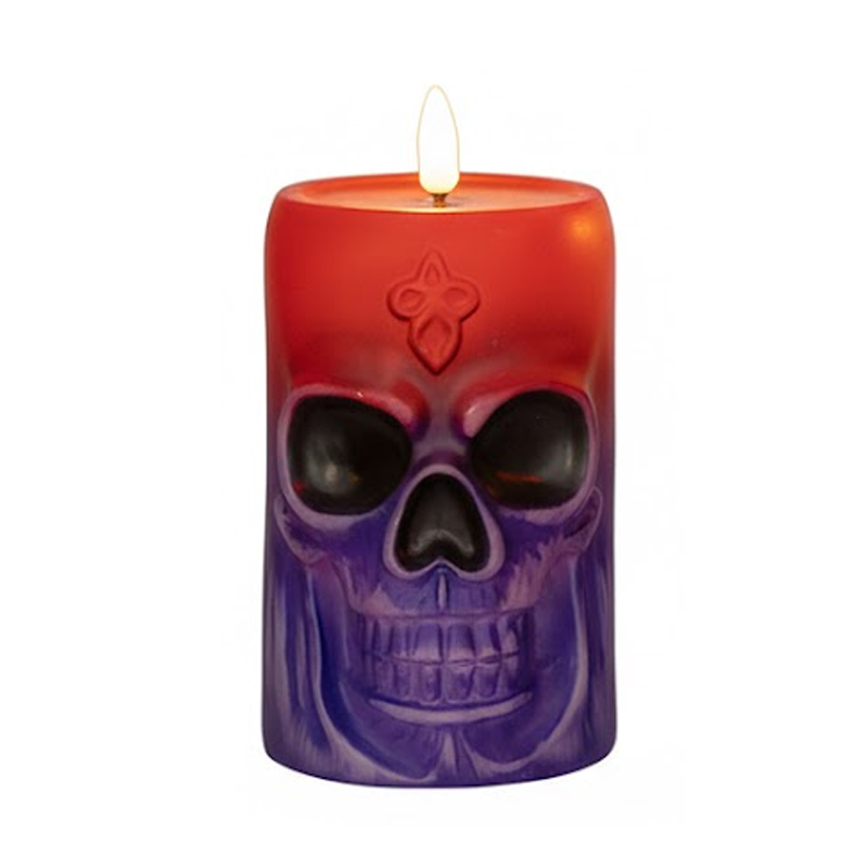 Retro Gothic Skull LED Flameless Candle - Vintage Halloween Decorative Night Light Purple  , Set the Spooky Mood with Flickering LED Skull Lamps – Safe, Battery-Operated & Hauntingly Beautiful