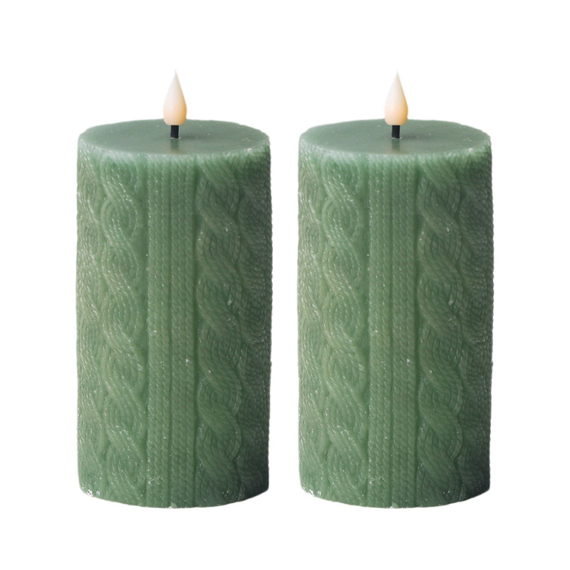 Sage Green Cable Knit Texture Flameless LED Pillar Candle - Realistic Flickering Flame Sage Green  , Cozy Up Your Space with the Elegant Charm of Knitted Texture and the Safety of Flameless Technology