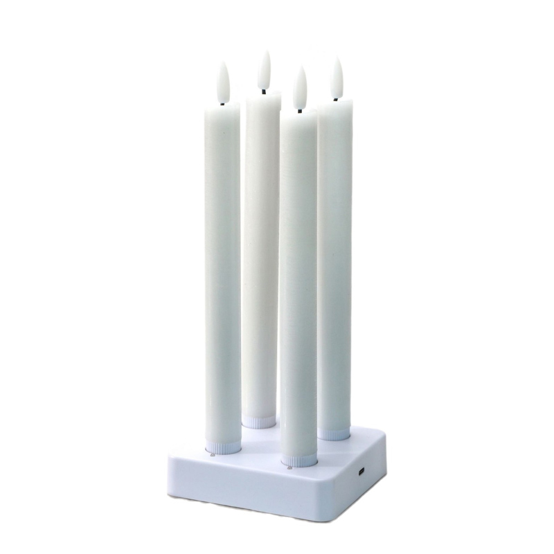 Rechargeable Moving Flame LED Taper Candles with Charging Base - Real Wax, Remote Controlled, Set of 4, Eco-friendly Elegance: Experience the Warmth of Real Wax with the Convenience of USB Recharging