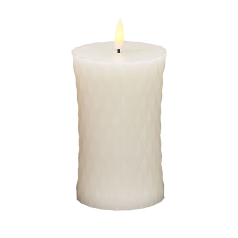 Curved Waist Diamond Textured Flameless Candle - Concave Aesthetic Real Wax LED Pillar (7.5 x 15cm) Creamy White