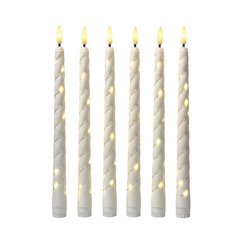 10.6"Realistic Spiral LED Taper Candles with Fairy String Lights, Elegant Twisted Design Meets Twinkling Fairy Lights: The Ultimate Flameless Ambiance for Your Sophisticated Table Setting.