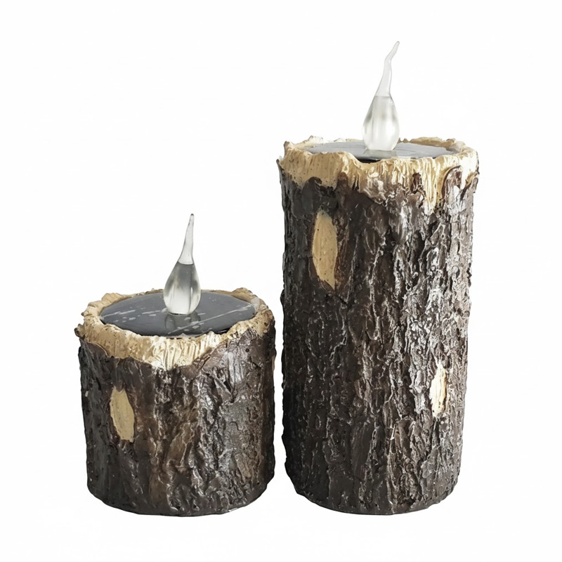 Solar Bark-Textured led pillar candle, Outdoor Waterproof, Natural Ambiance Lights