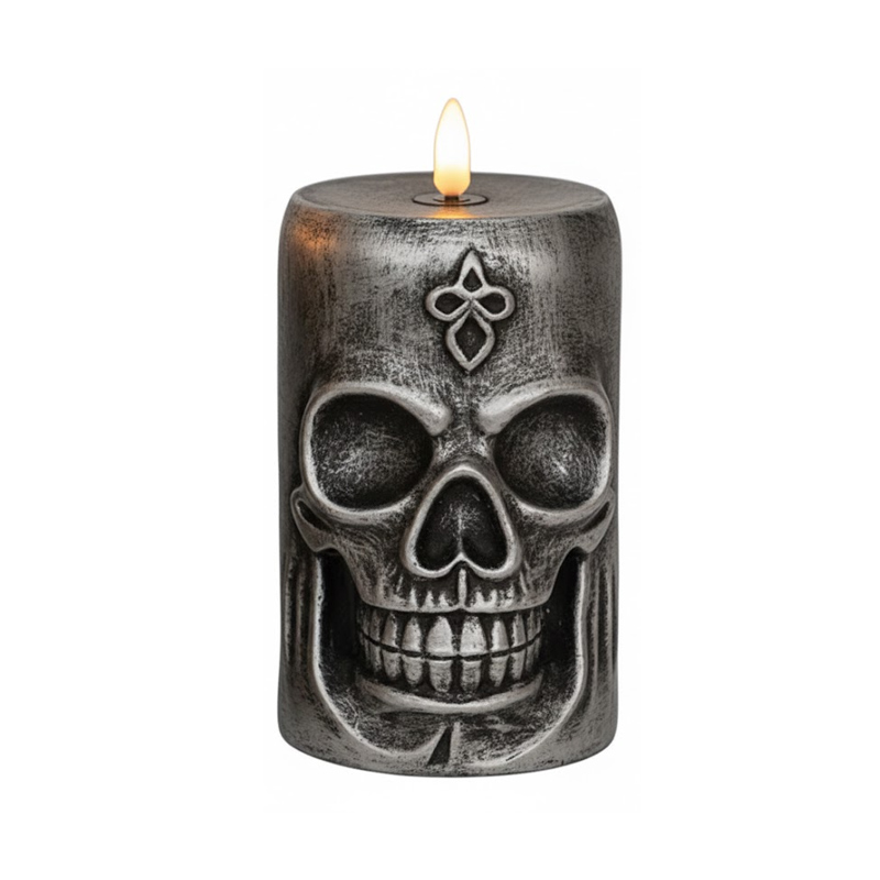 Retro Gothic Skull LED Flameless Candle - Vintage Halloween Decorative Night Light Silver  , Set the Spooky Mood with Flickering LED Skull Lamps – Safe, Battery-Operated & Hauntingly Beautiful