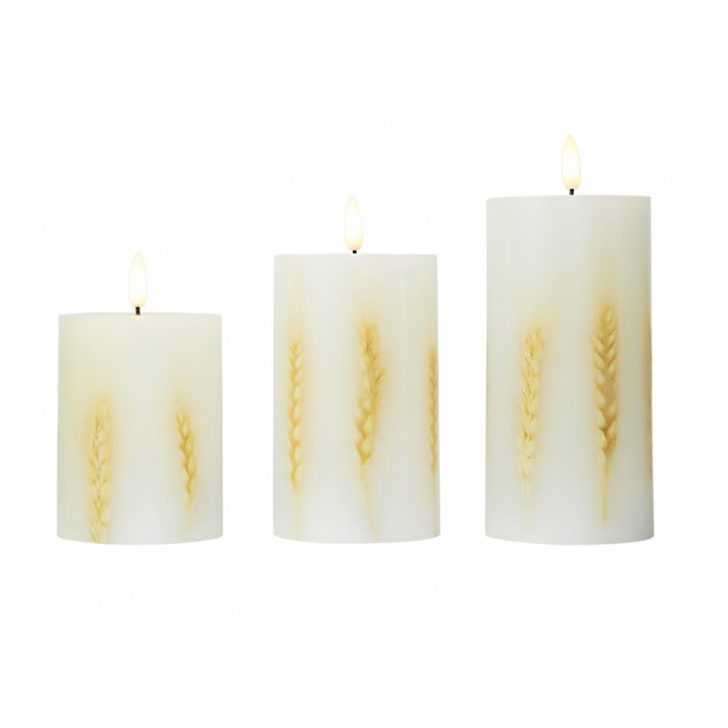Real Wax LED Flameless Candles with Embedded Wheat Ears - Set of 3 Rustic Decorative Pillars, Experience the Warmth of Harvest: Hand-Embedded Dried Wheat Stalks in Flickering Warm White LED Candles