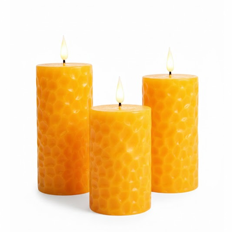 Honeycomb Textured Real Wax flameless LED Pillar Candles - Amber Glow, Elegant Hand-Carved Aesthetic Meets Safe, Flickering LED Technology for Modern Home Decor