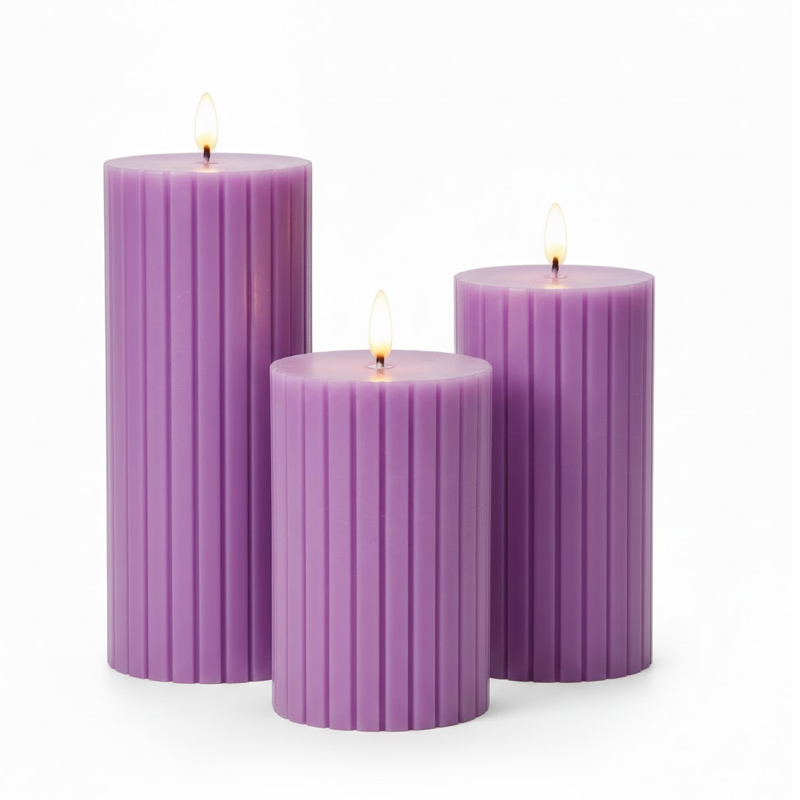 Purple Ribbed Pillar Flameless Candles - Real Paraffin Wax LED Candles with Remote (Set of 3), Elegant Fluted Texture Meets Smart LED Technology: The Perfect Ambiance for Modern Home Decor