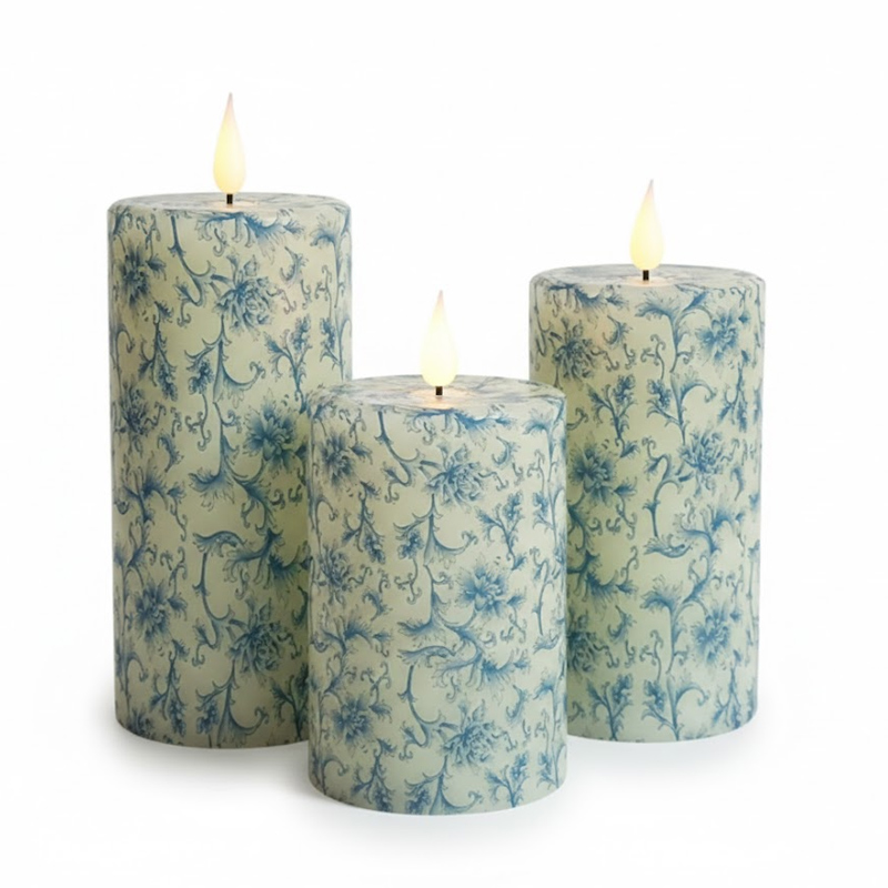 Blue and White Porcelain Pattern LED Flameless Candles - Real Paraffin Wax with Remote Control, Elegant Chinoiserie Style Battery Operated Pillars for Timeless Home Decor and Ambiance