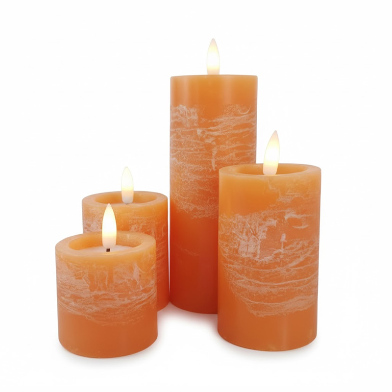 Rustic Marble-Textured Flameless LED Candles - Scented Soy Wax Blend - Set of 4 Vibrant Orange