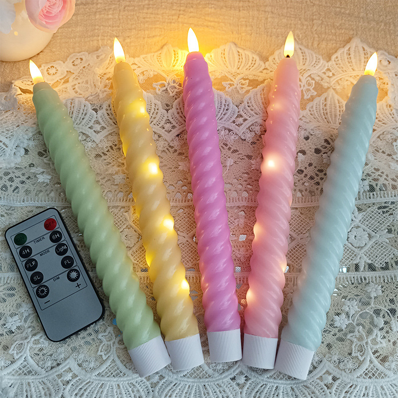Realistic Twist Spiral LED Taper Candles - Battery Operated Flameless Wax Candles with Remote & Timer Color:Mint Green;Size:2*24.5cm 2