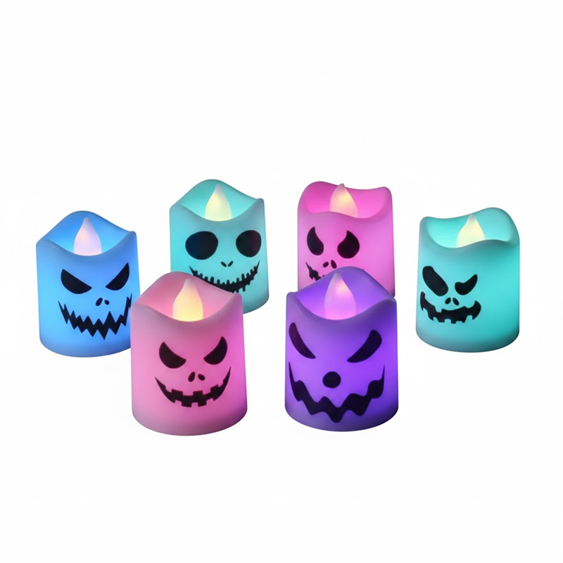 Color-Changing Halloween Flameless LED Tea Lights - 6 Pack Spooky Face Jack-O'-Lantern Electronic Candles, Set the Spooky Mood with 12 Vibrant Colors, Smart Timer, and Realistic Flickering Glow – Safe, Reusable, and Battery Operated