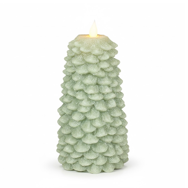 Realistic Pine Cone Flameless LED Candle with Remote Control - Glitter Sage Green Paraffin Wax, Safe, Smokeless, and Elegant Holiday Decor with Smart Timer Functionality