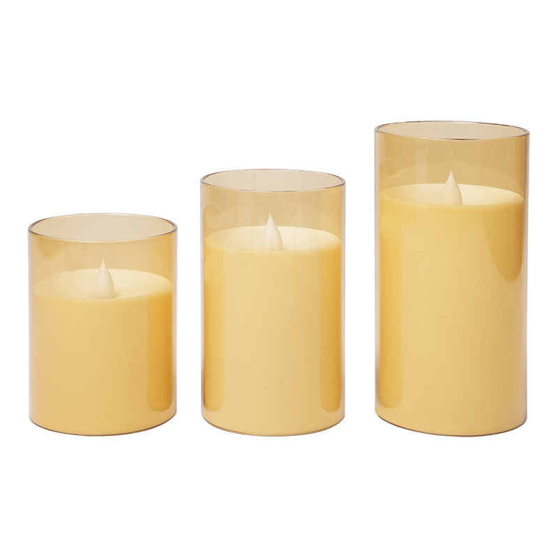Smokeless LED Pillar Candle with Premium Grey Acrylic Shell - Realistic Flickering Flame Yellow  , Elevate Your Space with the Sophisticated Glow of Our Battery-Operated Acrylic Flameless Candles
