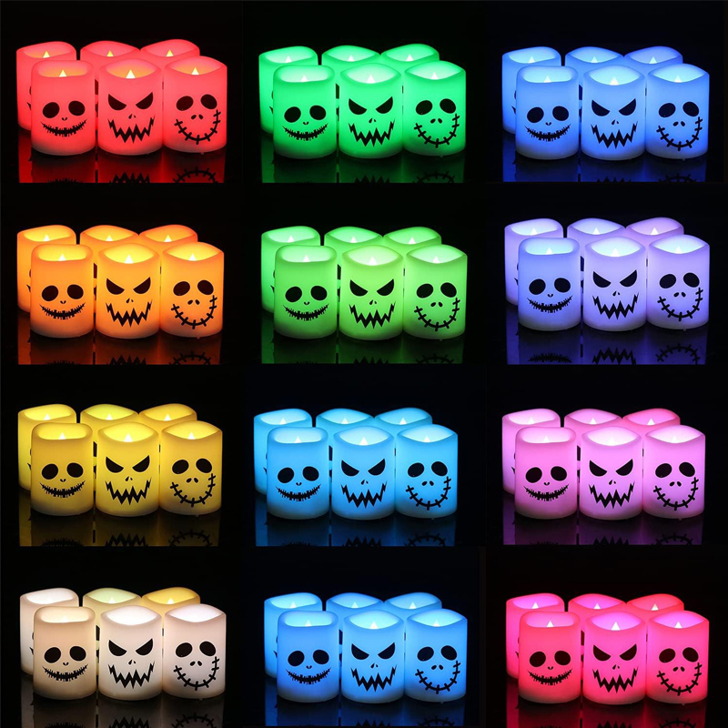 Color-Changing Halloween Flameless LED Tea Lights - 6 Pack Spooky Face Jack-O'-Lantern Electronic Candles Color:Default 6