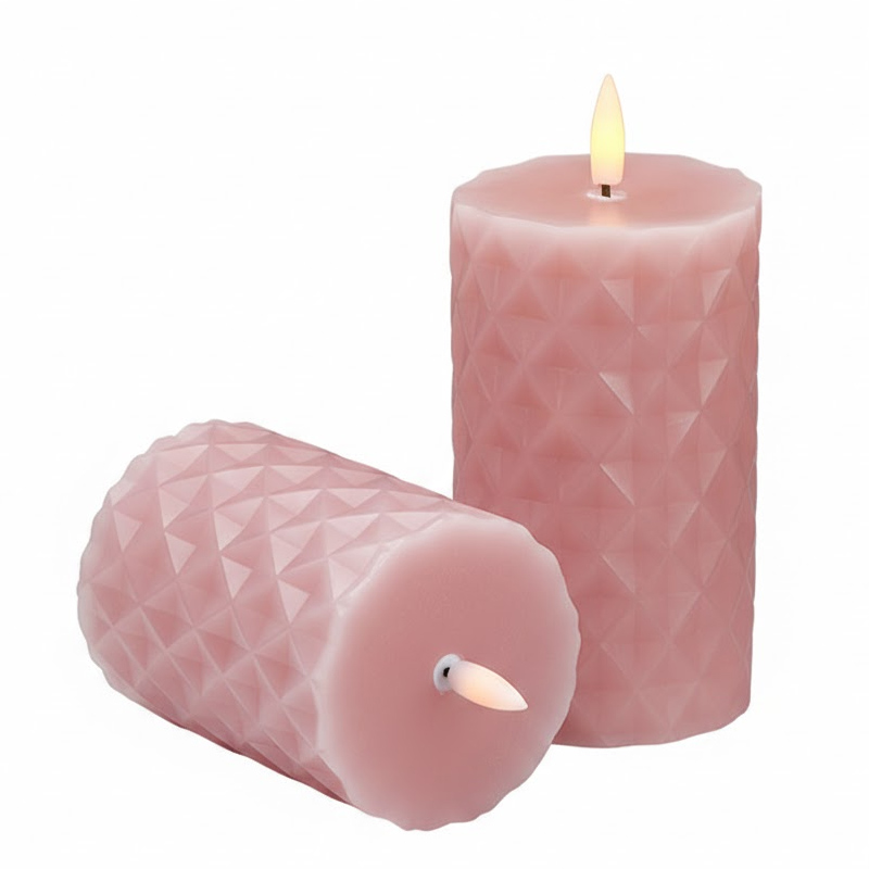 Diamond Textured Flameless Candles - Realistic Paraffin Wax LED Pillar Candles with Remote Control (Set of 2) Pink  , Elevate Your Space with Modern Geometric Elegance and the Safe, Warm Glow of Real Wax.