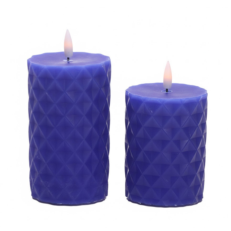 Diamond Textured Flameless Candles - Realistic Paraffin Wax LED Pillar Candles with Remote Control (Set of 2) Blue  , Elevate Your Space with Modern Geometric Elegance and the Safe, Warm Glow of Real Wax.