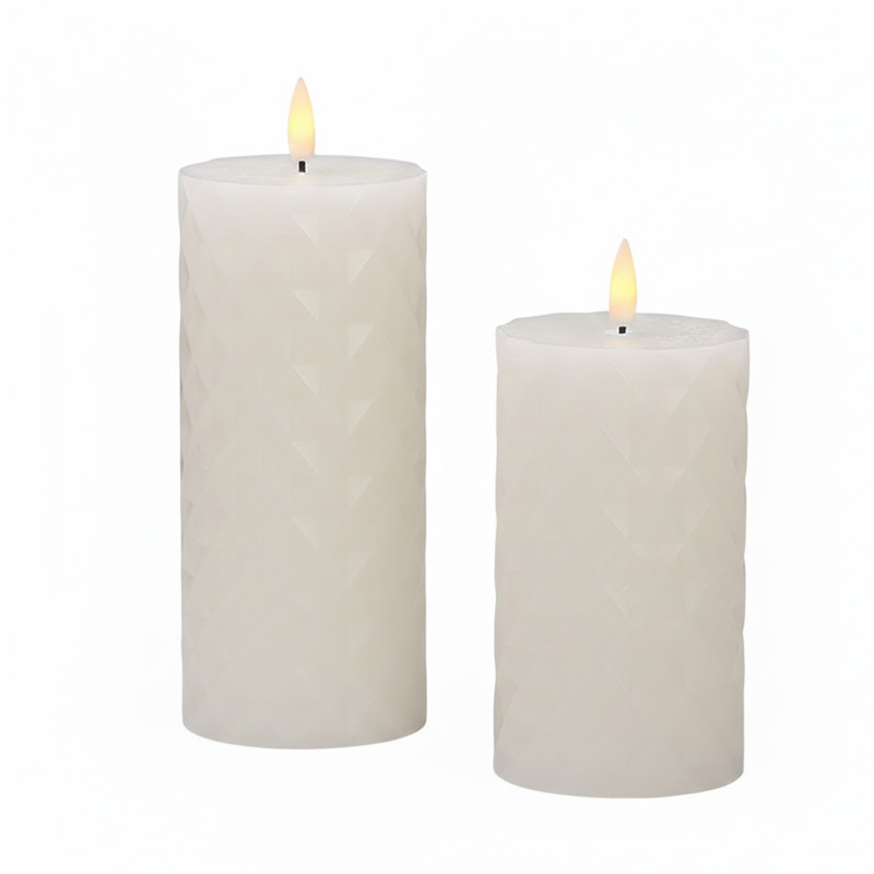 Diamond Textured Flameless Candles - Realistic Paraffin Wax LED Pillar Candles with Remote Control (Set of 2) White  , Elevate Your Space with Modern Geometric Elegance and the Safe, Warm Glow of Real Wax.