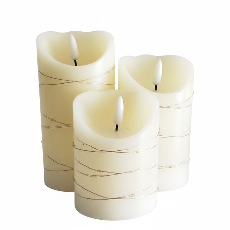 Set of 3 Ivory Flameless Candles with Fairy Lights - Real Wax Flickering Flame