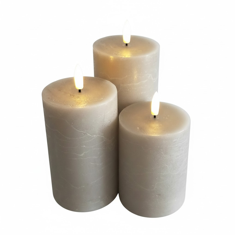 Greige marbled real wax Led pillar candle, marbled texture, battery-operated,flickering flame