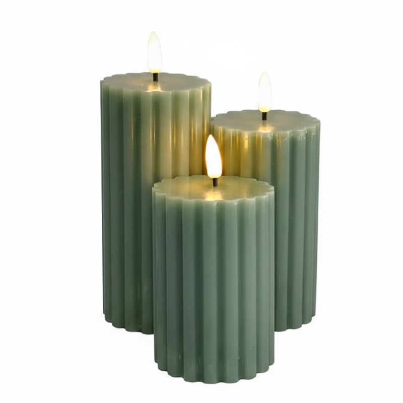 luted Real Wax Flameless Candles with Remote - Ribbed Pillar LED Candles Set of 3 (Sage Green / Cream White) Sage green