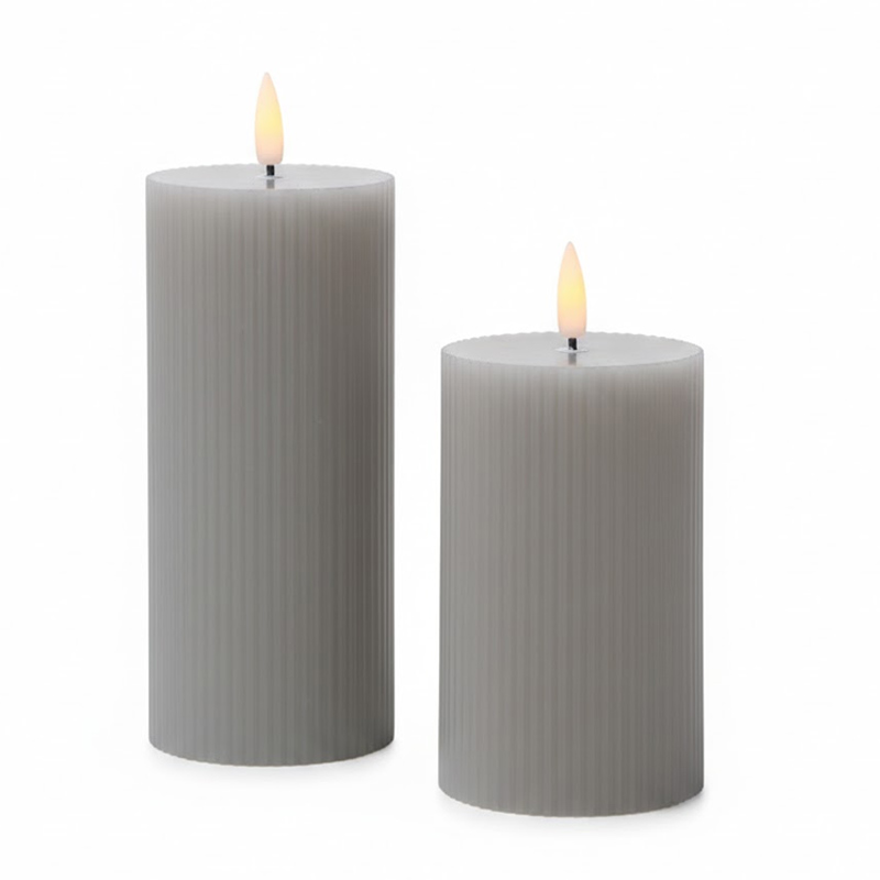 Ribbed Real Wax Flameless Pillar Candles with Remote, Moving Wick LED Battery Operated Candles Grey  , Elegant Fluted Texture Meets Lifelike Flickering Flame – The Perfect Ambience for Modern Living.