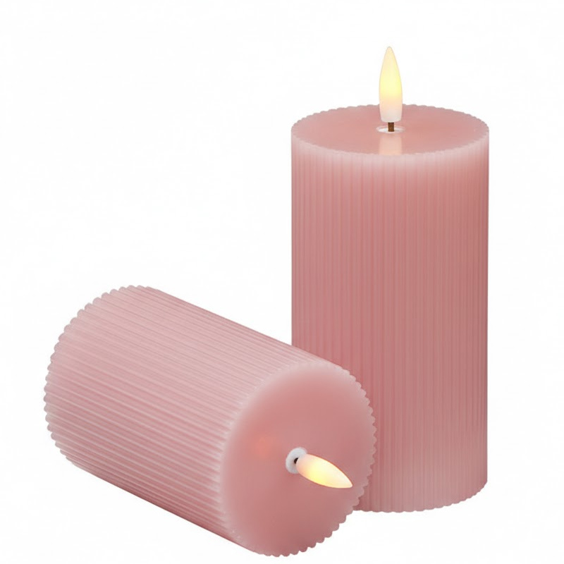 Ribbed Real Wax Flameless Pillar Candles with Remote, Moving Wick LED Battery Operated Candles Pink  , Elegant Fluted Texture Meets Lifelike Flickering Flame – The Perfect Ambience for Modern Living.