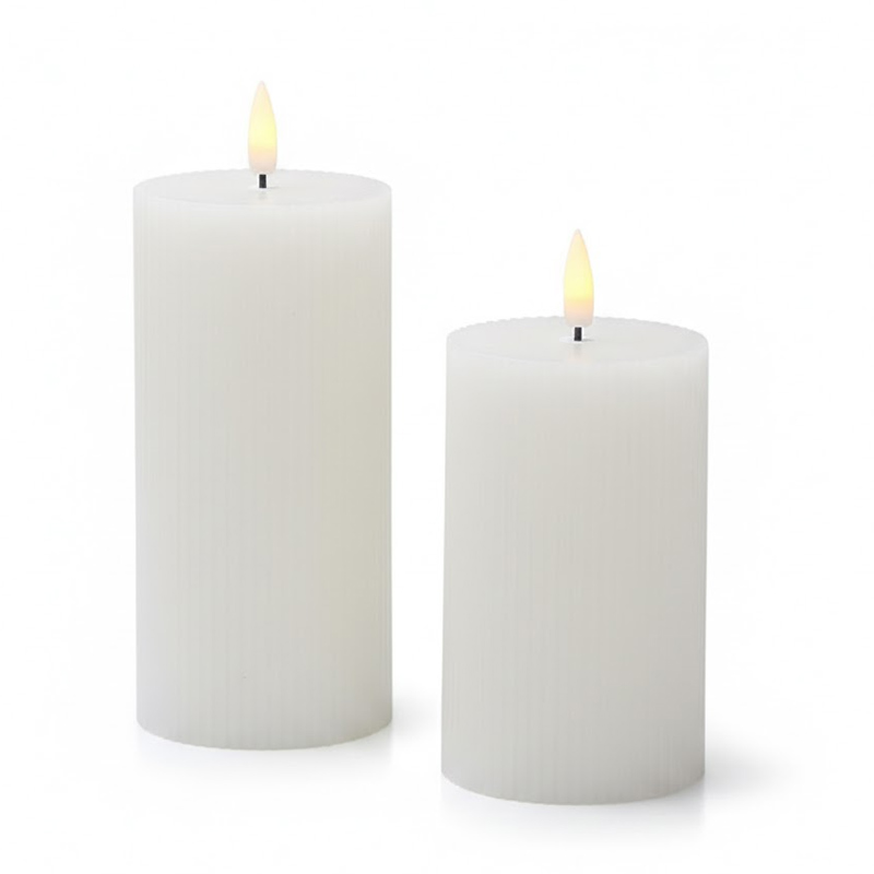 Ribbed Real Wax Flameless Pillar Candles with Remote, Moving Wick LED Battery Operated Candles White  , Elegant Fluted Texture Meets Lifelike Flickering Flame – The Perfect Ambience for Modern Living.
