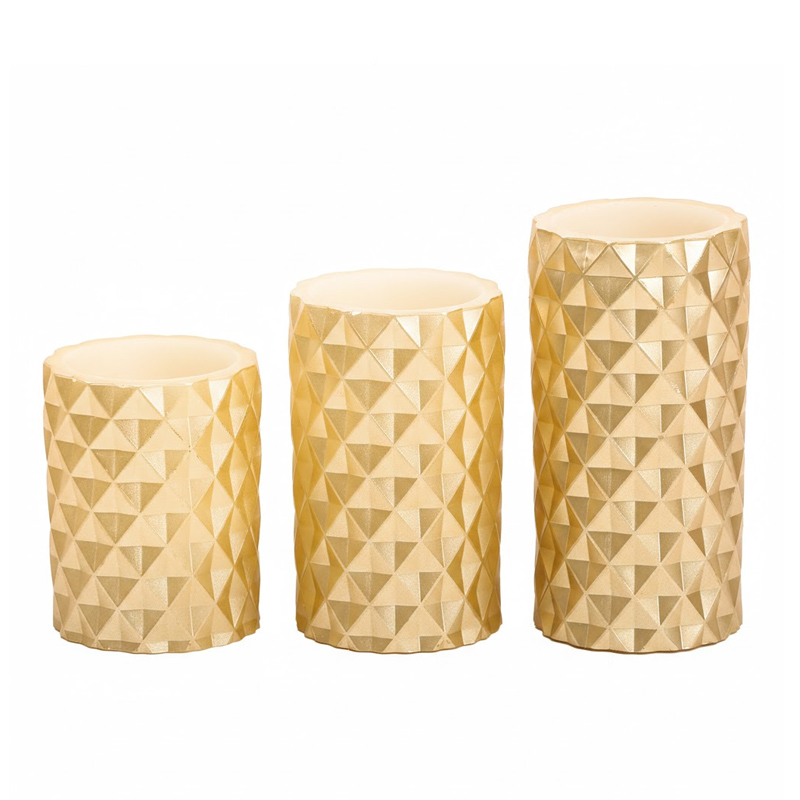 Gold Geometric Flameless Candles with Remote Control - Real Paraffin Wax LED Pillar Candles, Set of 3, Elegant Diamond-Patterned Electric Candles for Modern Home Decor, Weddings, and Festive Ambiance