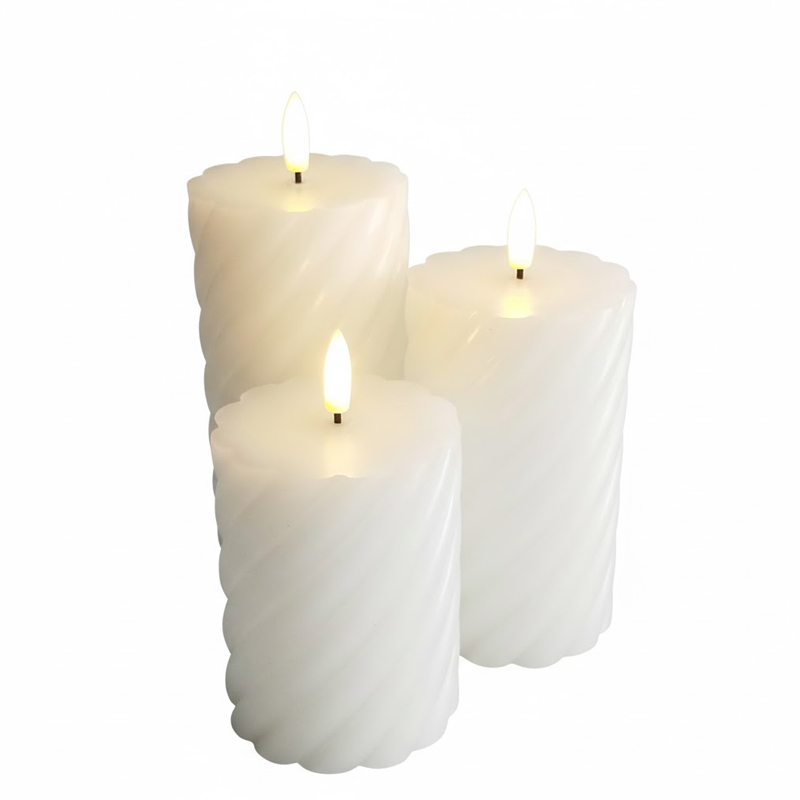 Set of 3 Spiral-Ribbed Flameless LED Candles , Pearl White Real Wax, marbled texture ,battery-operated, realistic flickering flame,paraffin  wax