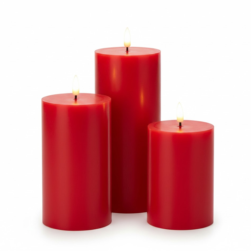 Real Paraffin Wax Flameless Pillar Candles ,Set of 3 Red