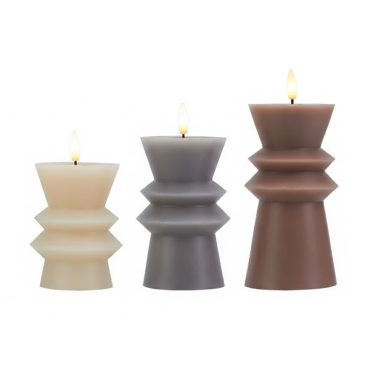 Geometric Ribbed Pillar Flameless LED Candles with Remote - Set of 3 Paraffin Wax Electric Candles, Modern Architectural Design Meets Warm Ambiance: Safe, Realistic, and Remote-Controlled for Effortless Elegance.